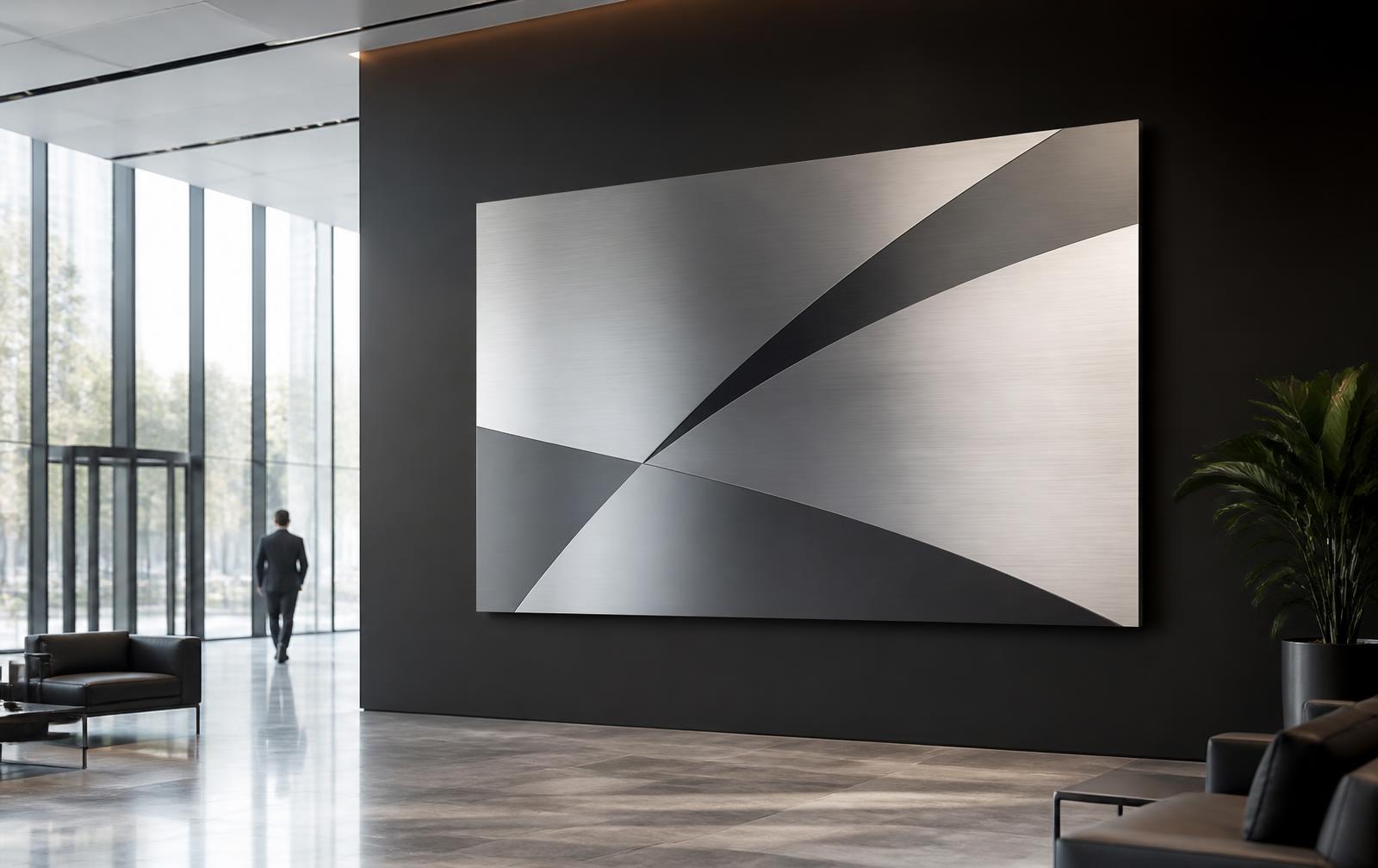 Frameless aluminium PlaqD brand panel in a modern office lobby